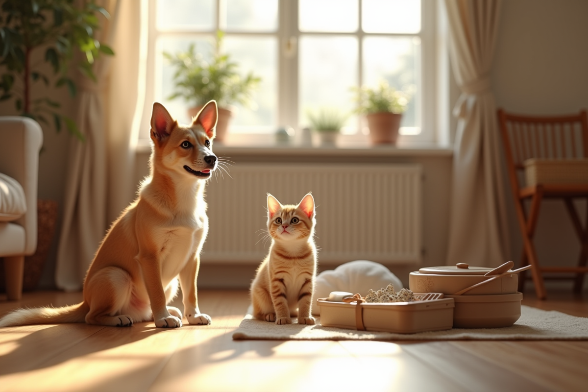 Chien et chat dans un intérieur chaleureux avec accessoires pour animaux