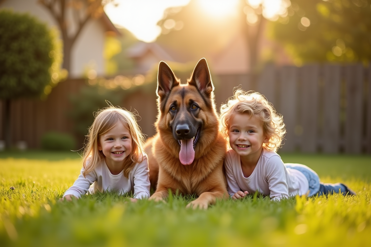 Berger allemand jouant avec enfants dans le jardin