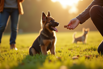 Jeune chiot berger belge assis dans un champ ensoleille