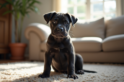 Chiot cane corso assis sur un tapis dans un salon lumineux