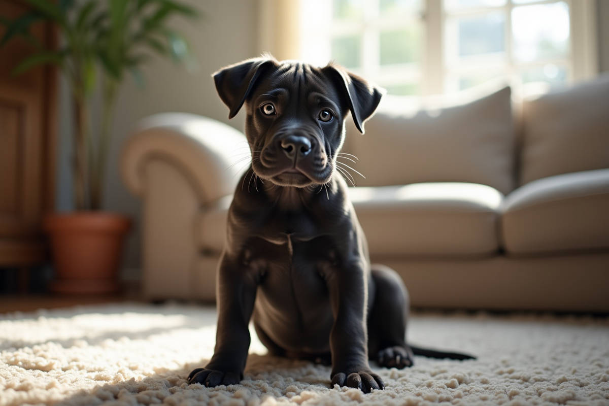 Chiot cane corso assis sur un tapis dans un salon lumineux