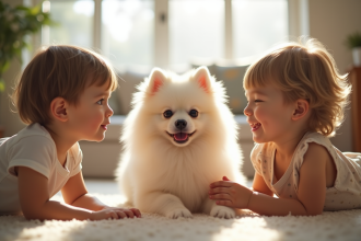 Chiot pomeranian blanc avec enfants dans le salon lumineux