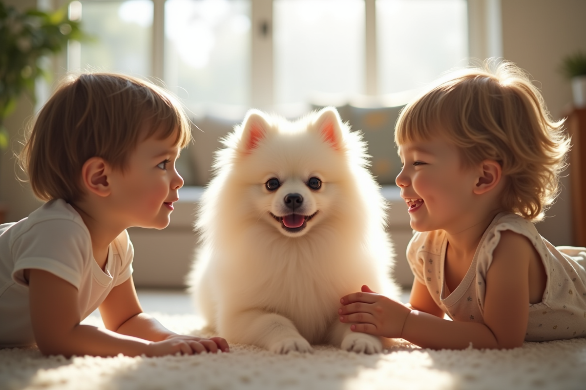 Chiot pomeranian blanc avec enfants dans le salon lumineux