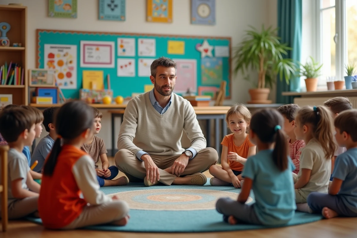Enfants en cercle dans une classe avec un professeur