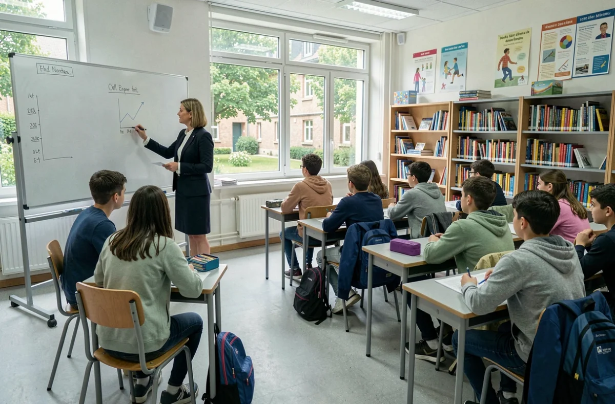 Professeure écrivant au tableau dans une classe du Collège Blanche de Castille à Nantes