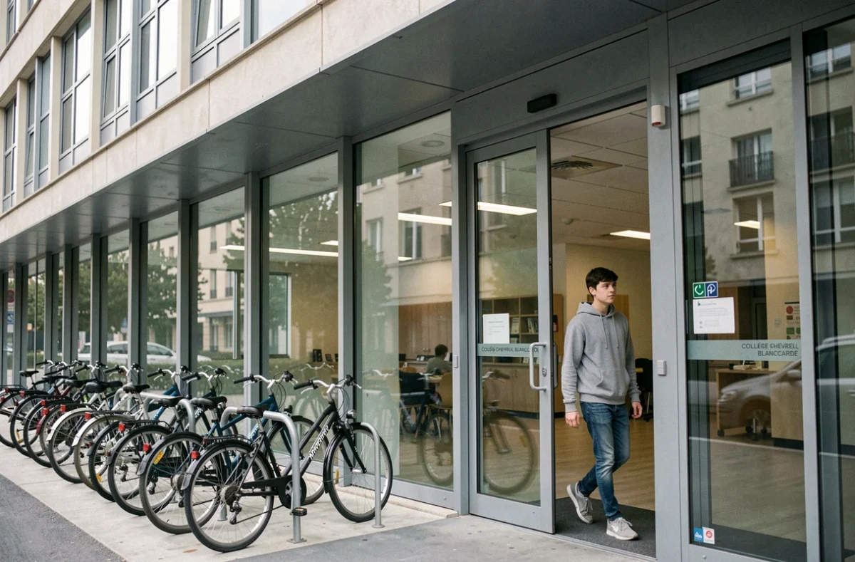 Entrée moderne du Collège Chevreul Blancarde à Marseille avec façade vitrée et rangée de vélos