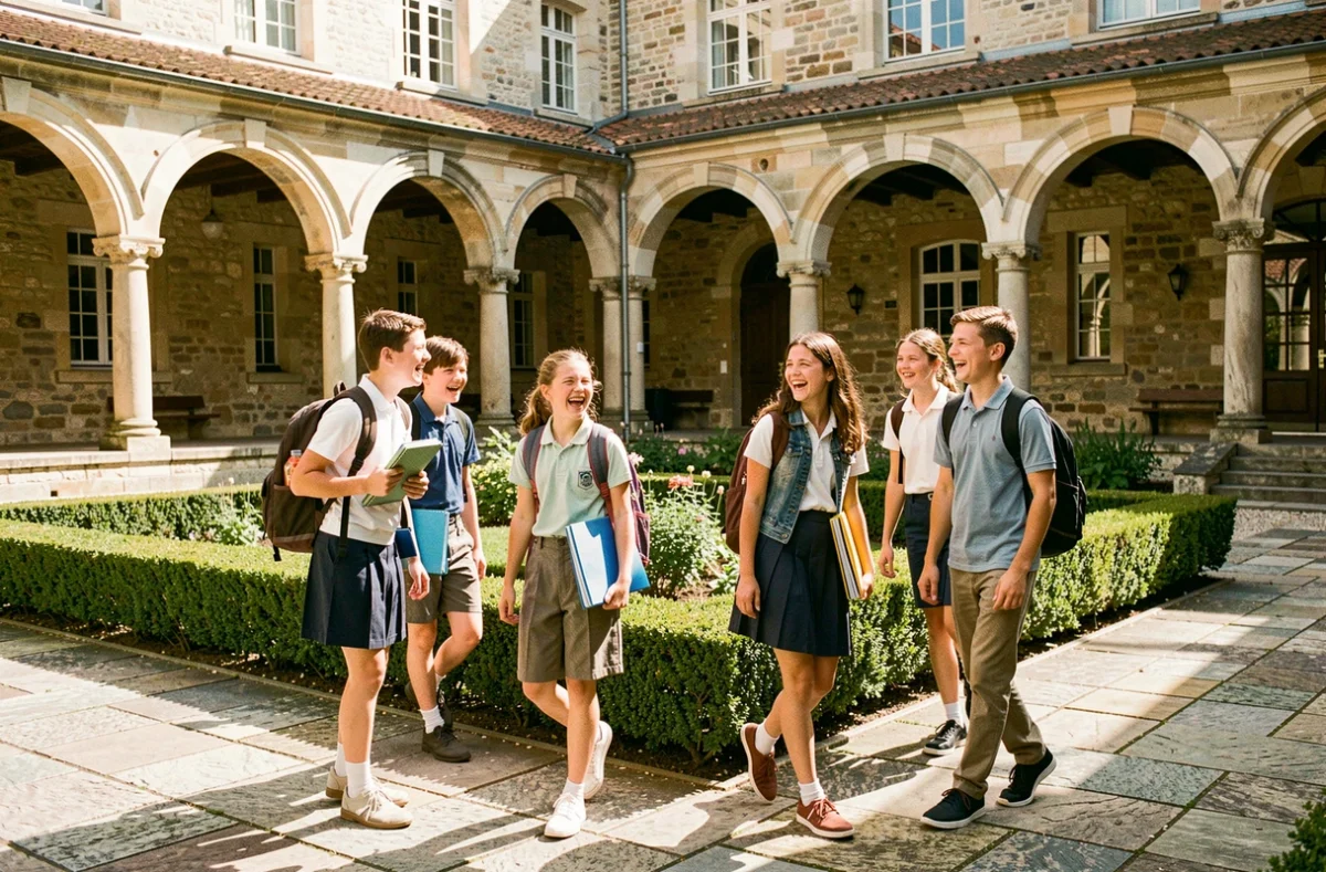 Groupe d'élèves traversant la cour intérieure de l'Externat des Enfants Nantais à Nantes