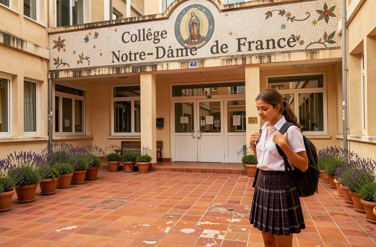 Entrée du Collège Notre-Dame de France à Marseille avec mosaïque mariale et cour en carreaux de terre cuite