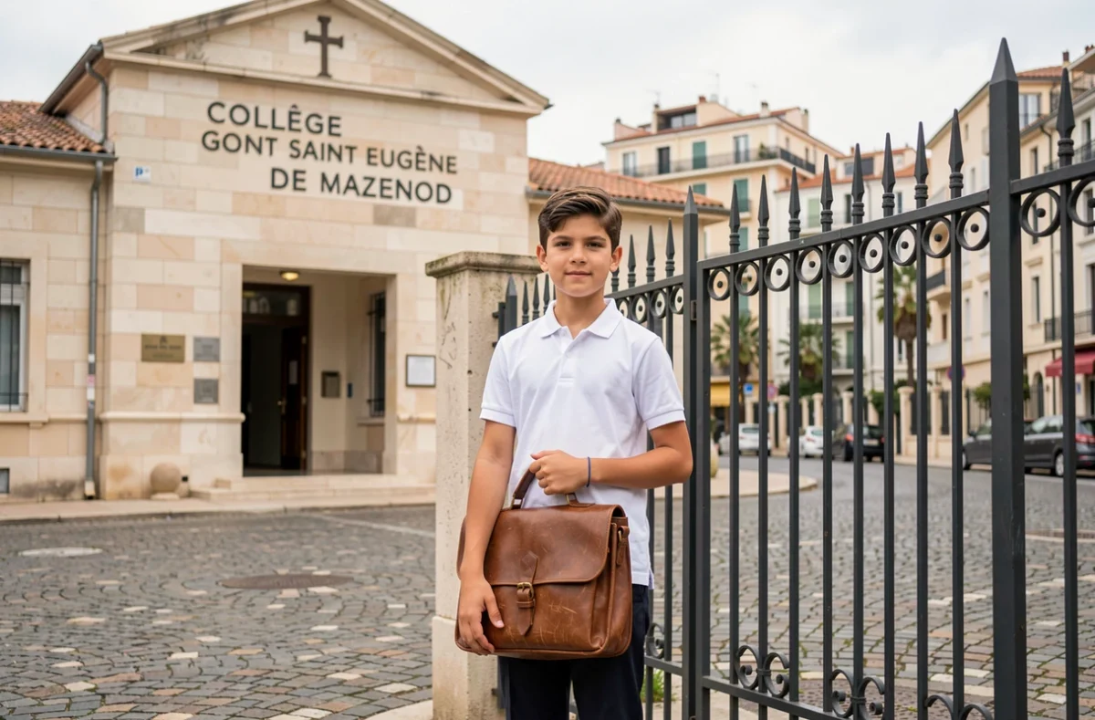 Entrée du Collège Saint Eugène de Mazenod à Marseille avec portail en fer forgé et croix de chapelle