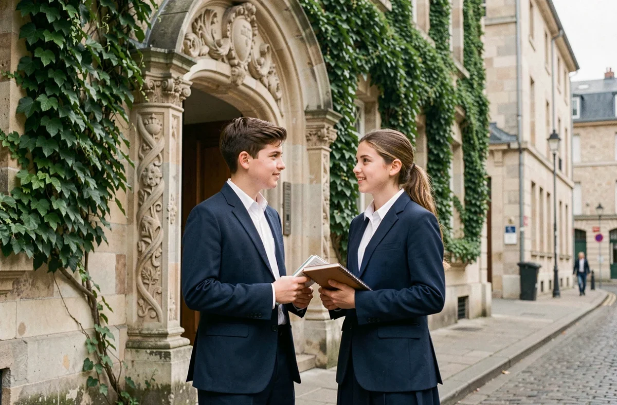 Élèves en uniforme devant l'entrée du Collège Saint Joseph du Loquidy-La Salle à Nantes