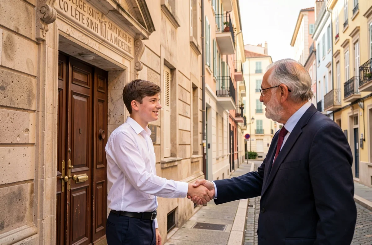 Entrée du Collège Saint Joseph de La Madeleine à Marseille avec élève serrant la main d'un professeur sous un linteau sculpté