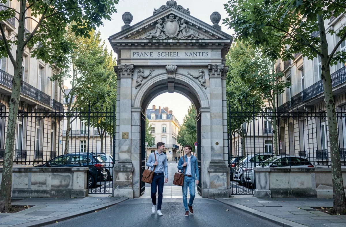 Portail d'entrée du Collège Saint Stanislas à Nantes avec des élèves passant sous l'arche en pierre