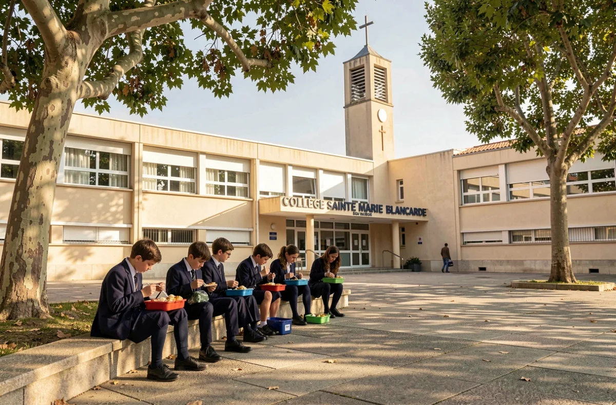 Élèves du Collège Sainte Marie Blancarde déjeunant sur les marches avec le clocher en arrière-plan