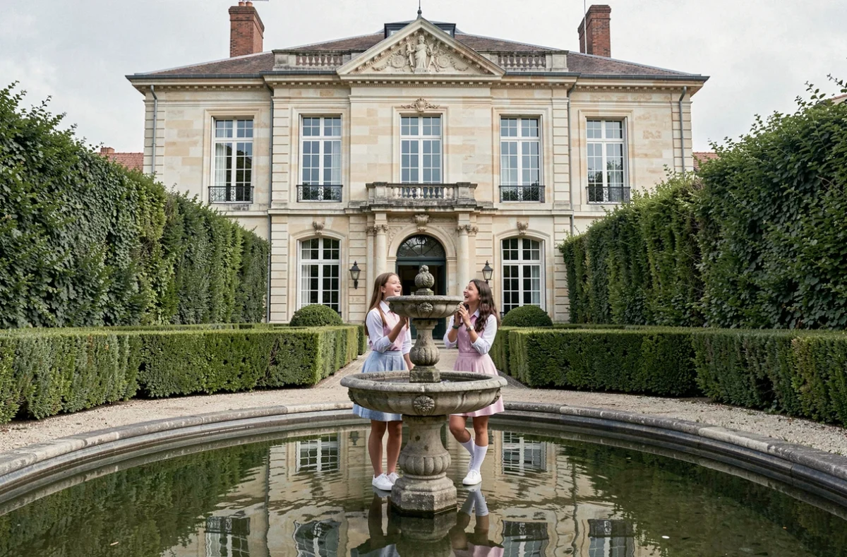 Villa bourgeoise du Collège Sévigné à Marseille avec jardin soigné et fontaine en pierre dans la cour