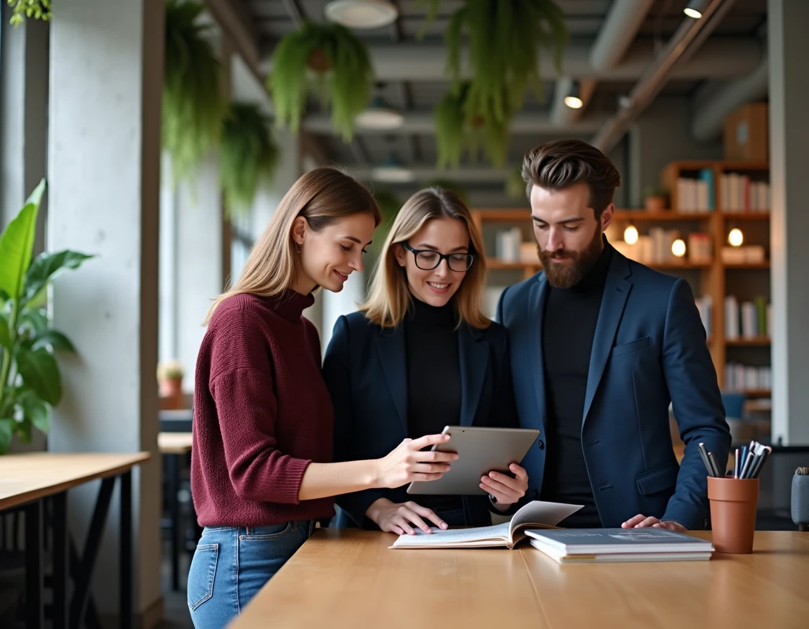 Trois collègues collaborant autour d'une tablette dans un espace de coworking moderne lors de la rentrée professionnelle 2026
