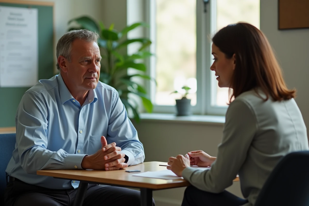 Homme et femme en office partageant un moment de condoleances