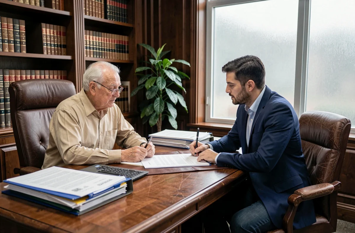 Homme âgé et conseiller juridique examinant ensemble un document d'obligation alimentaire dans un bureau notarial, représentant la démarche légale de fixation de la pension alimentaire