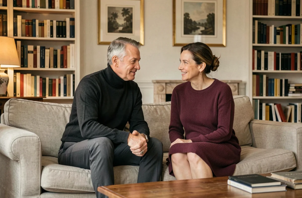 Couple complice dans un appartement parisien cultivé, illustrant les confidences rares et l'intimité de la vie de couple de Marc de Chalvron
