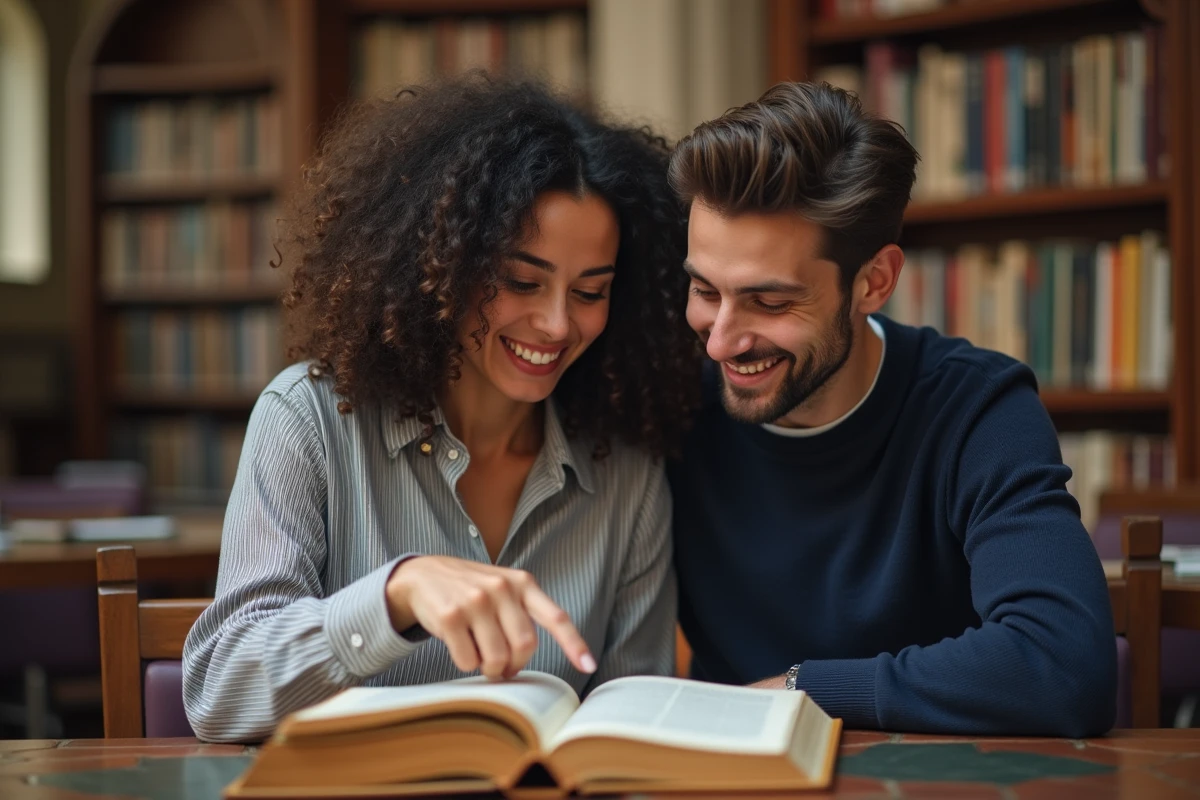 Couple de jeunes adultes feuilletant un dictionnaire de prénoms rétro dans une bibliothèque ancienne