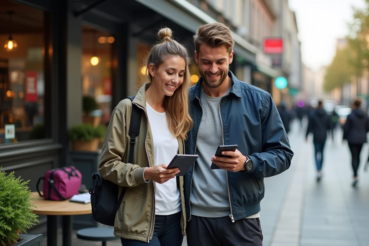 Jeune couple sportif vérifiant un calendrier en ville