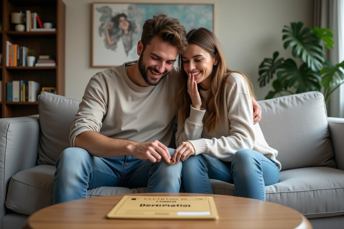 Couple découvrant une destination de voyage cachée sur une carte à gratter personnalisée posée sur une table basse dans un salon moderne