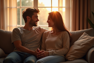 Jeune couple assis sur un canapé lumineux et chaleureux