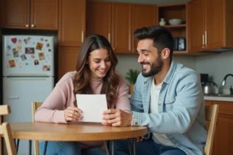 Jeune couple souriant avec une carte dans la cuisine chaleureuse