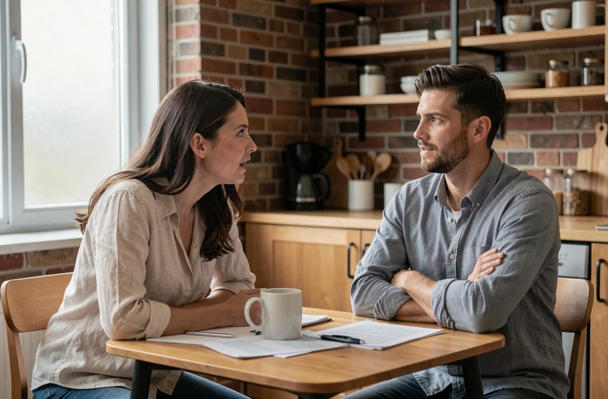 Couple en désaccord autour d'une table de cuisine, la femme cherchant le dialogue pendant que l'homme se ferme et regarde ailleurs, représentant les schémas de communication avec un partenaire au style d'attachement évitant