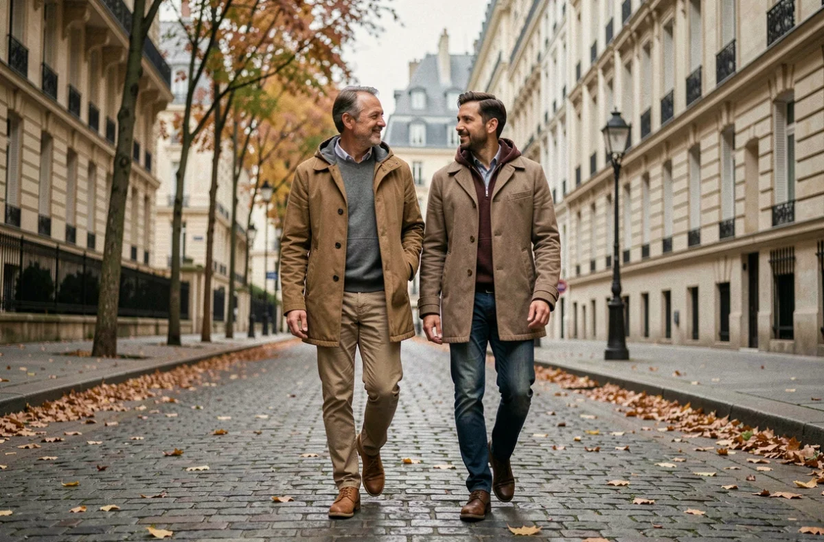 Couple discret se promenant dans une rue parisienne en automne, illustrant la vie privée préservée d'une célébrité