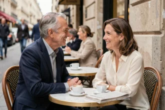 Couple élégant partageant un moment intime en terrasse de café parisien, illustrant la complicité amoureuse de Marc de Chalvron