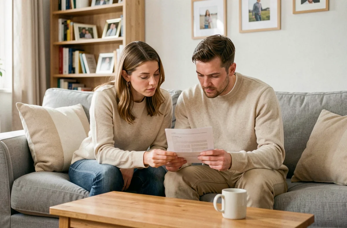 Couple de futurs parents d'accueil étudiant les documents d'agrément dans leur salon familial
