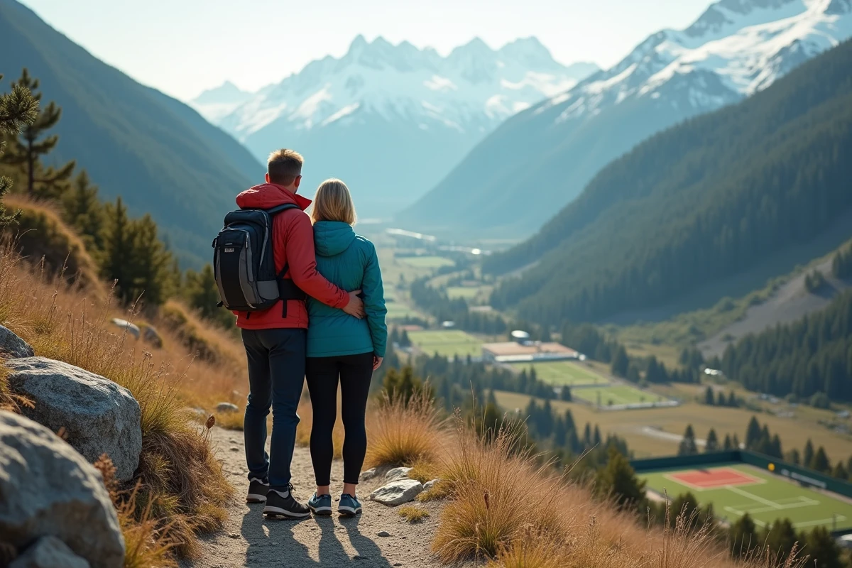 Couple en randonnée avec vue sur courts de tennis