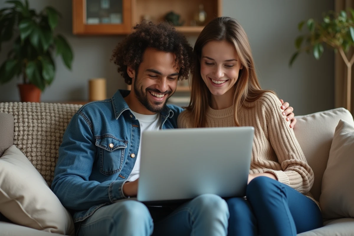 Couple parcourant ensemble une liste de prénoms sur un ordinateur portable dans un salon moderne et confortable