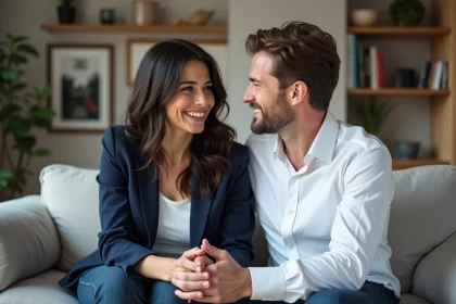 Couple dans un salon moderne souriant et main dans la main
