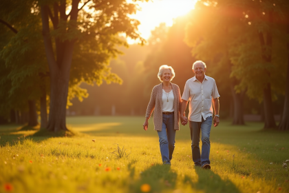 Couple senior main dans la main dans un parc ensoleille