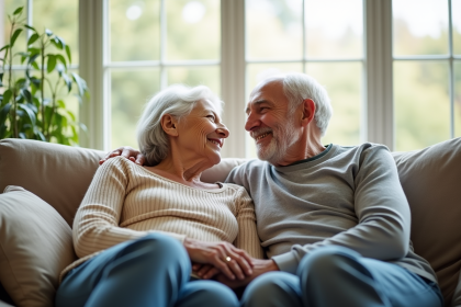 Couple senior souriant dans un salon lumineux avec DSLR