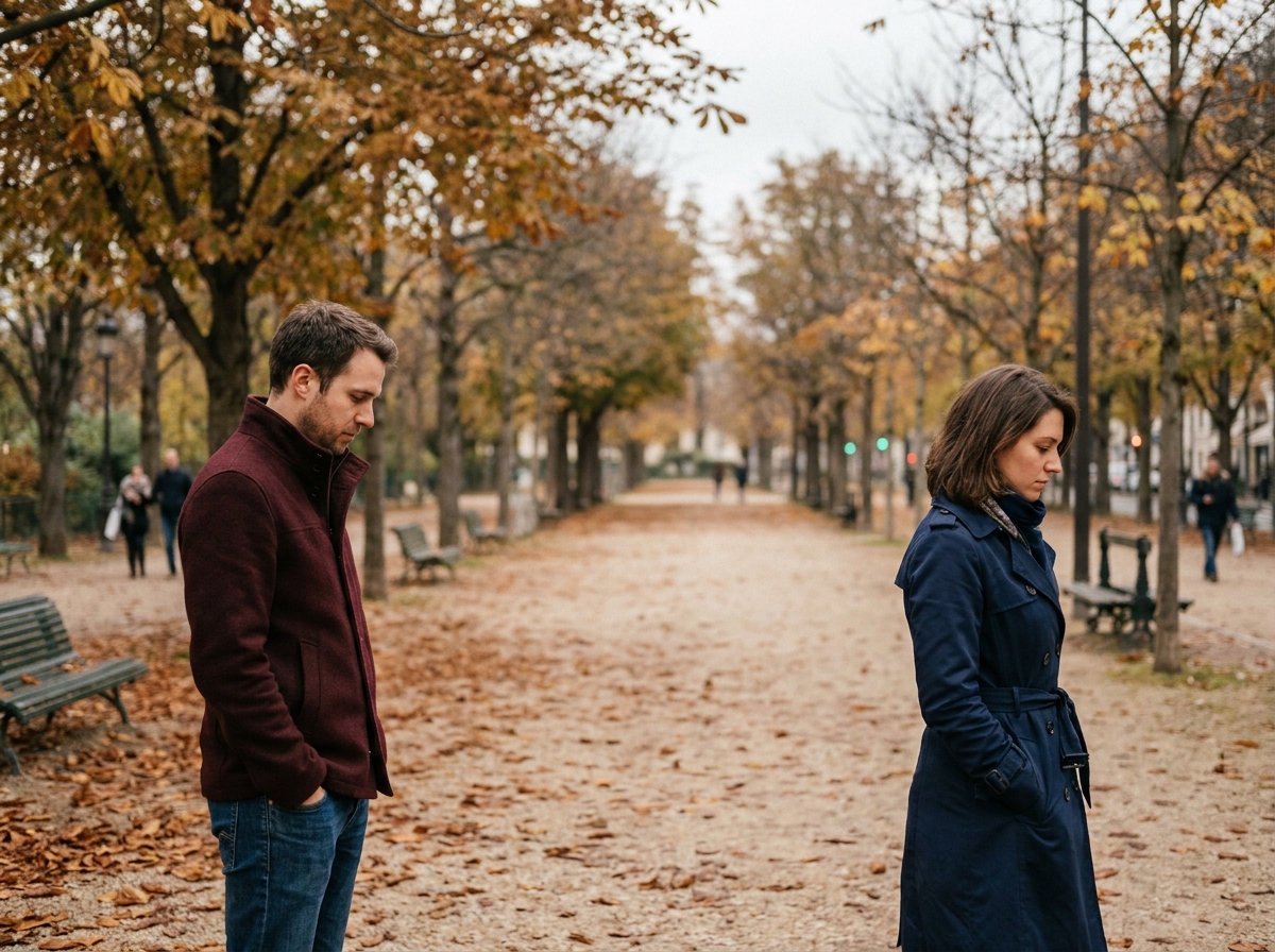 Couple séparé dans un parc en automne symbolisant la distance émotionnelle lors d'une rupture familiale
