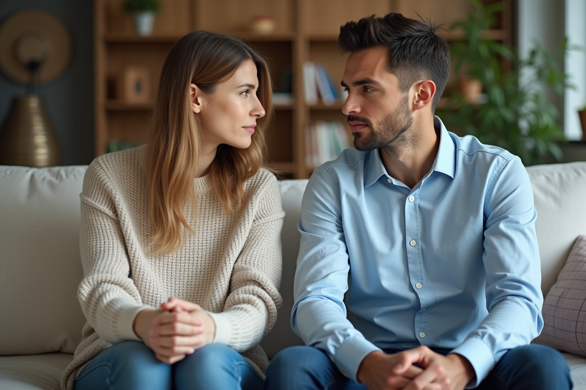 Couple assis sur un canapé avec tension dans le salon
