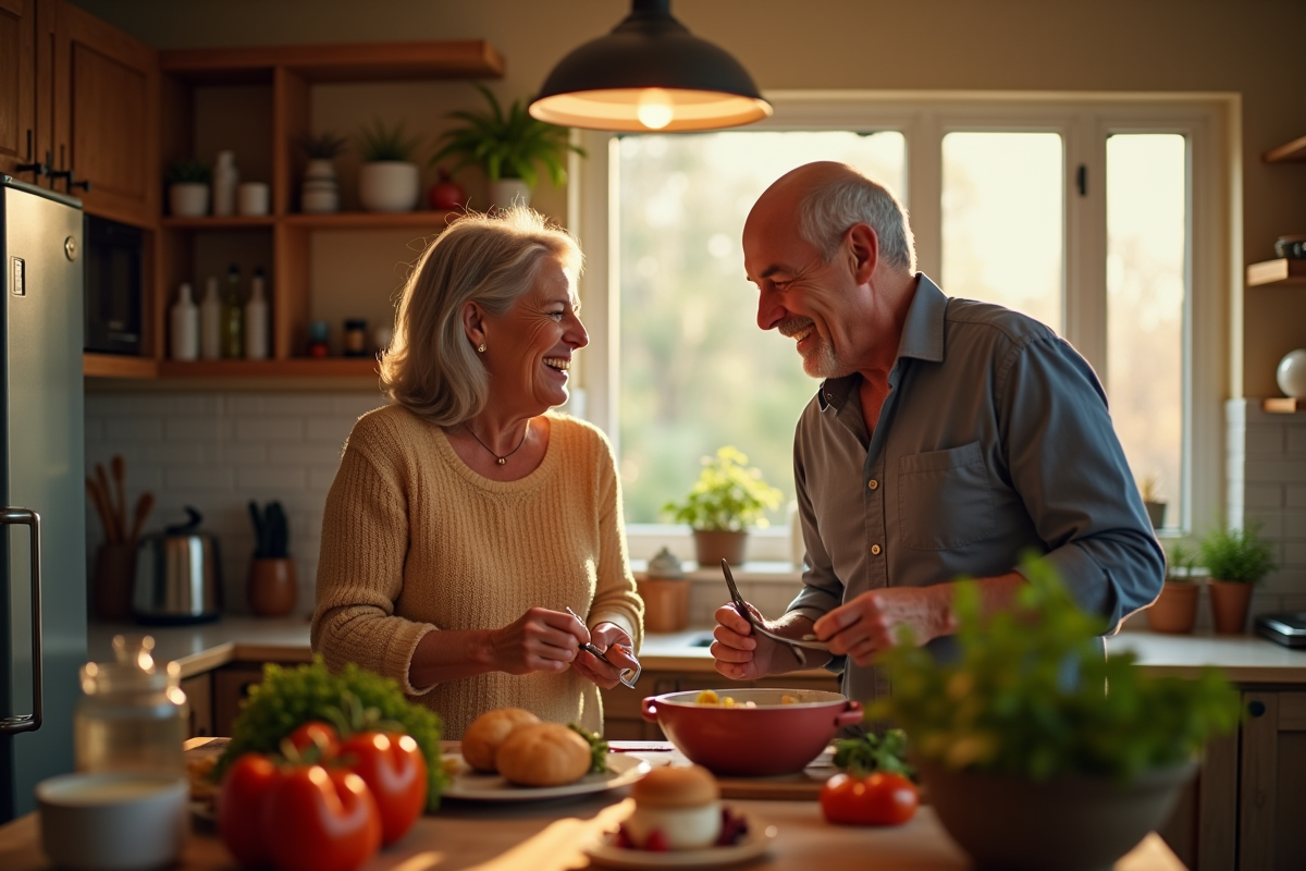 Couple préparant un repas dans une cuisine chaleureuse