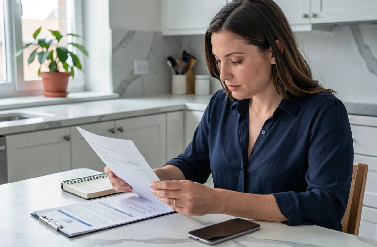 Femme adulte examinant des documents administratifs liés à la déclaration d'une baby-sitter à domicile