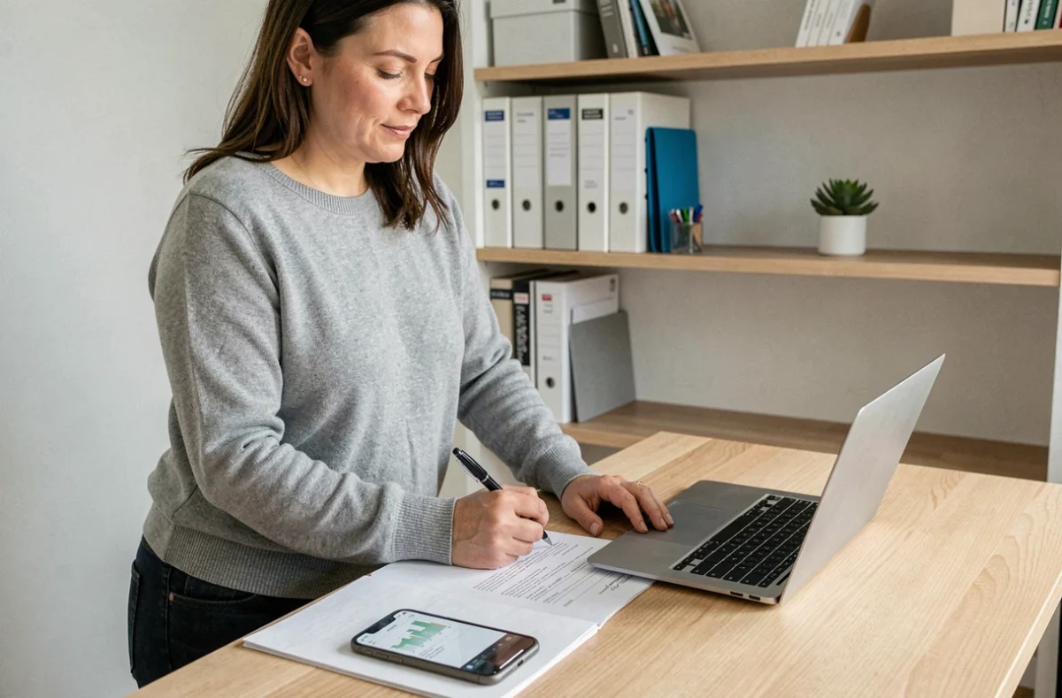 Femme réalisant les démarches administratives de transfert de profil sur son téléphone et ses documents papier
