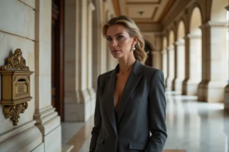 Femme élégante dans un immeuble parisien de prestige, évoquant l'influence discrète d'une héritière fortunée