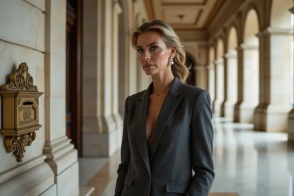 Femme élégante dans un immeuble parisien de prestige, évoquant l'influence discrète d'une héritière fortunée