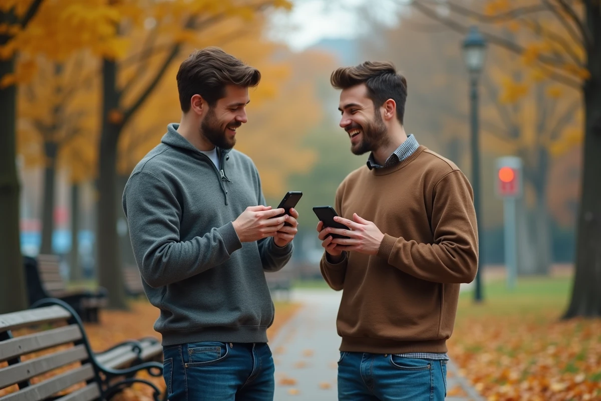 Adulte discutant fan theories Paw Patrol au parc en automne