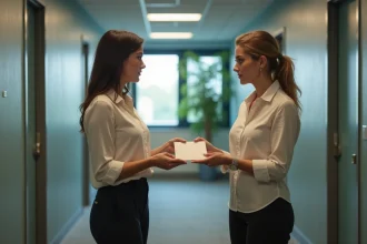 Femme offrant une carte de sympathie à une collègue dans un bureau