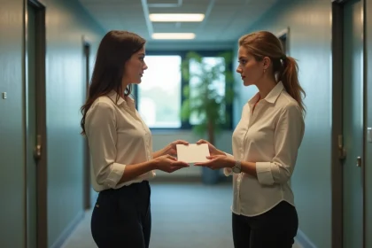 Femme offrant une carte de sympathie à une collègue dans un bureau