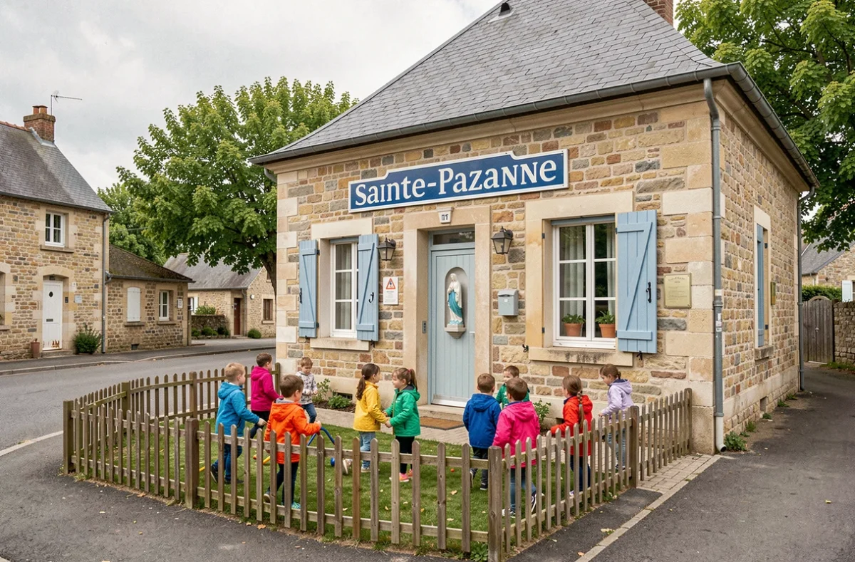 Façade de l'École Notre-Dame de Lourdes à Sainte-Pazanne avec des élèves jouant dans la cour