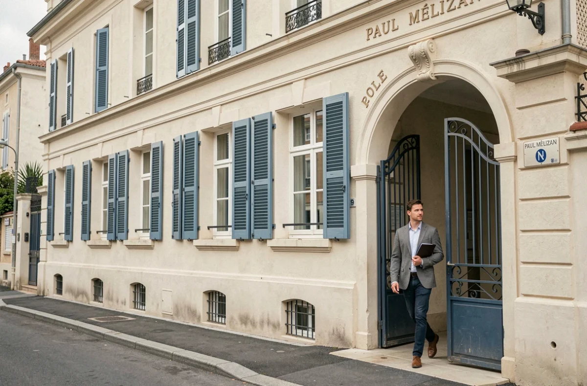Façade de l'école Paul Mélizan à Marseille avec volets bleus et enseignant franchissant le portail
