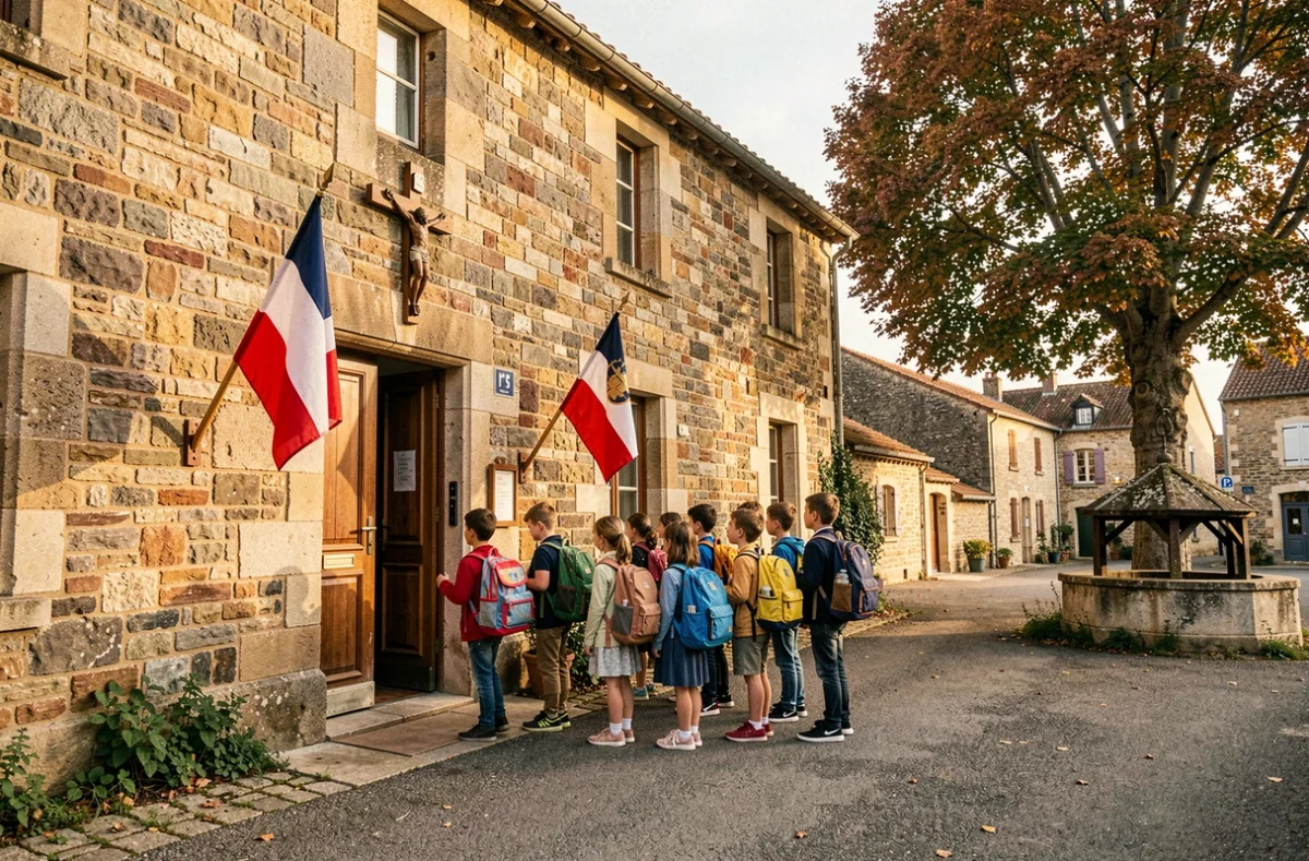 École Sainte-Anne à Casson avec des élèves s'alignant devant l'entrée en pierre du petit bâtiment scolaire