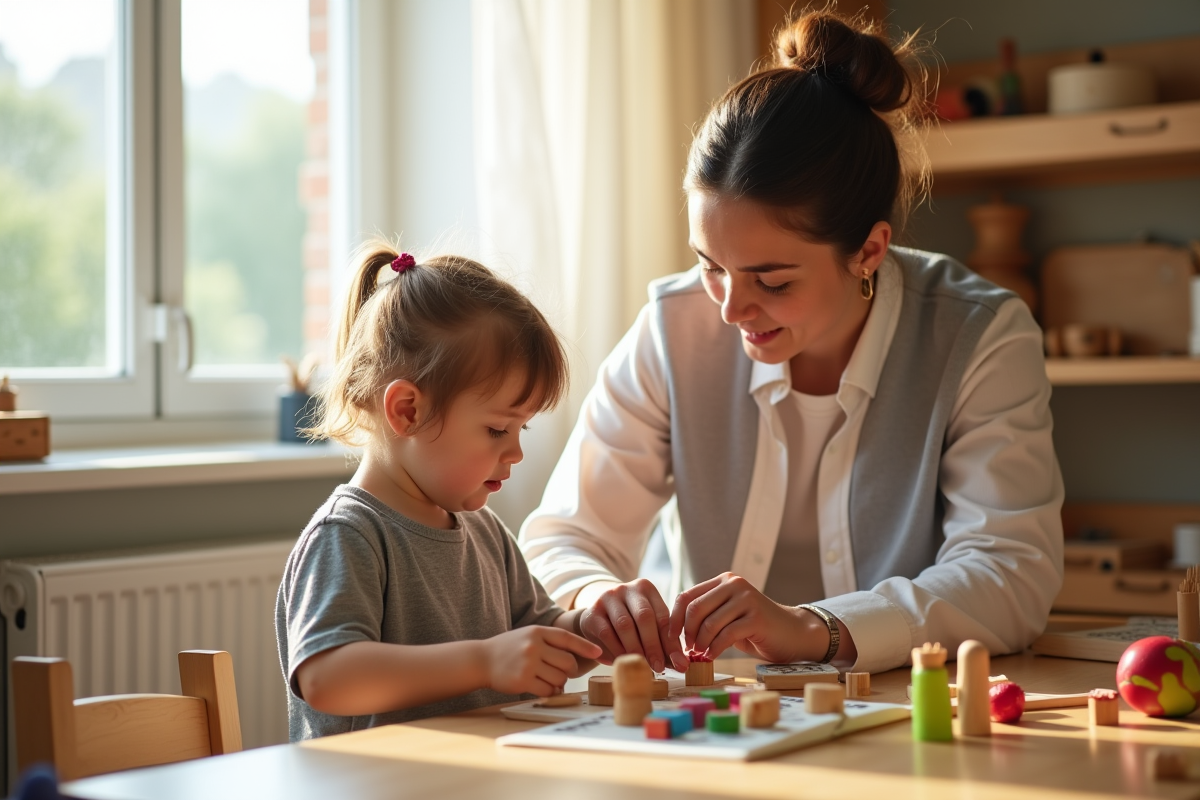 Éducatrice Montessori guidant un enfant avec une activité tactile